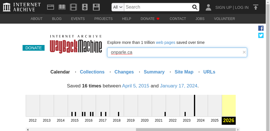 La Wayback Machine montrant l'historique des captures de onparle.ca entre 2015 et 2024