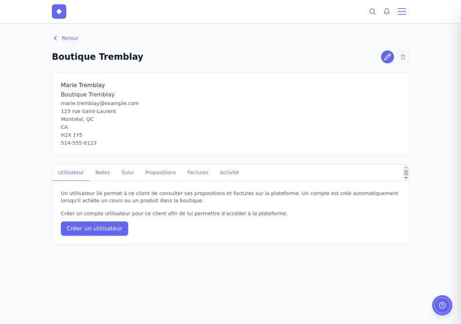 Page de détail d&rsquo;un contact avec ses informations et ses onglets