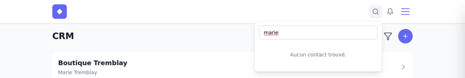 Barre de recherche ouverte avec un terme tapé