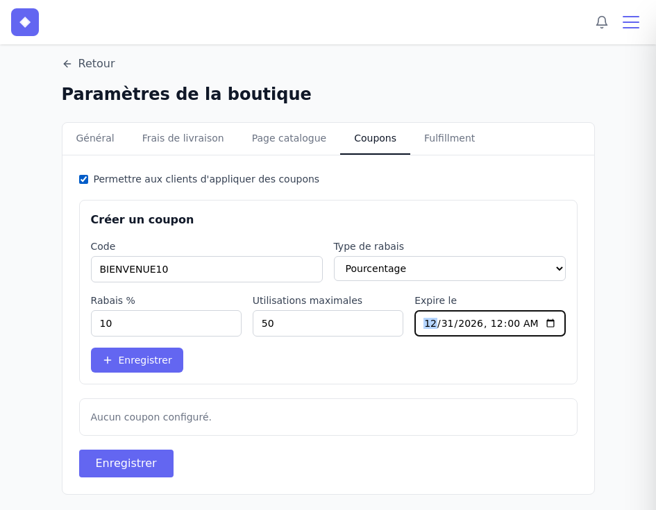 Formulaire de création d’un coupon BIENVENUE10