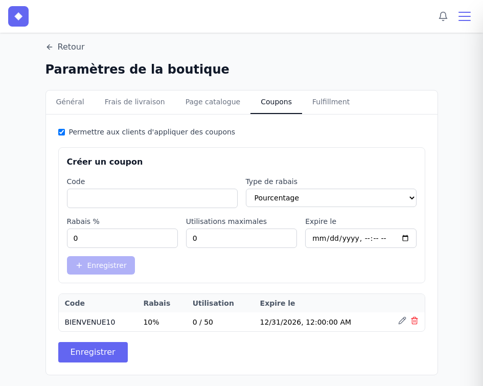 Liste des coupons après création