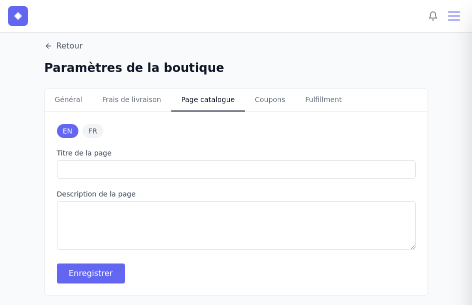 Onglet Page catalogue des paramètres de la boutique