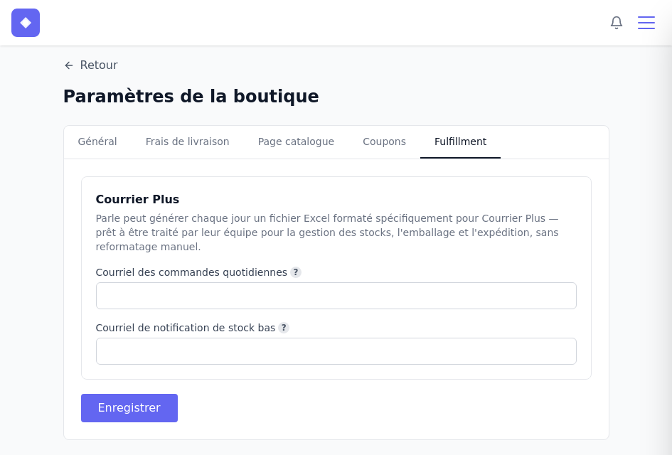 Onglet Fulfillment des paramètres de la boutique