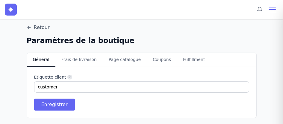 Onglet Général des paramètres de la boutique