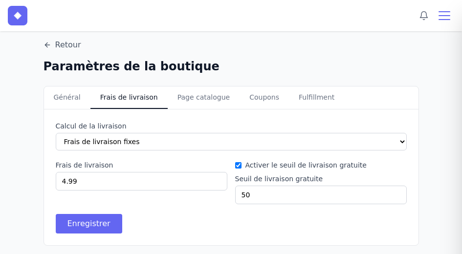 Onglet Frais de livraison des paramètres de la boutique