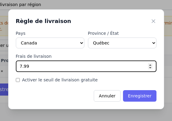Création d’une règle de livraison pour le Québec
