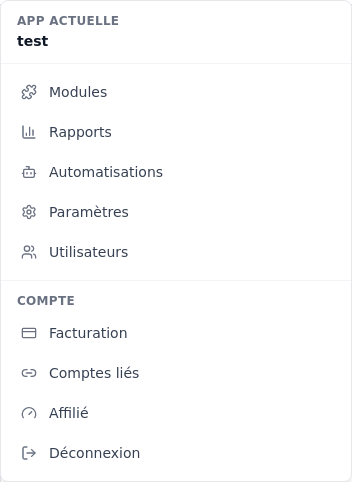 Menu de l’app avec le lien Paramètres