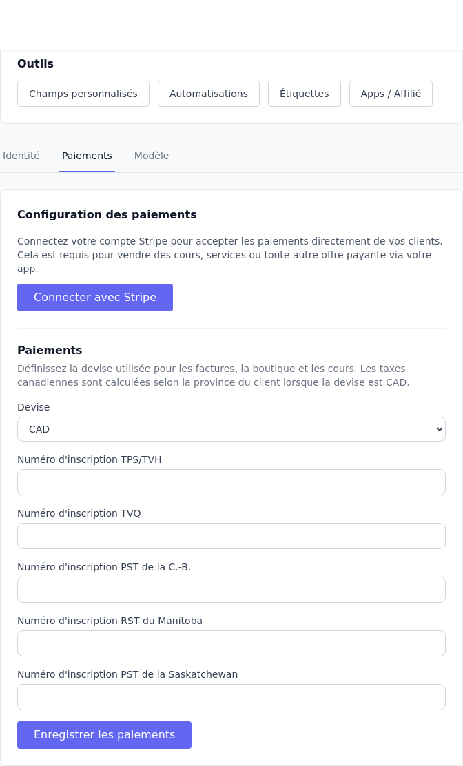 Onglet Paiements avec Stripe, devise et taxes