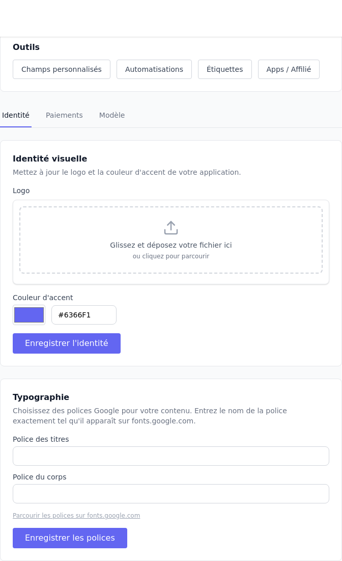 Page des paramètres avec l’onglet Paiements