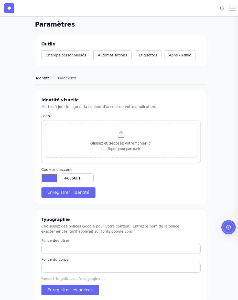 Paramètres de l&rsquo;application &ndash; section Identité et Typographie