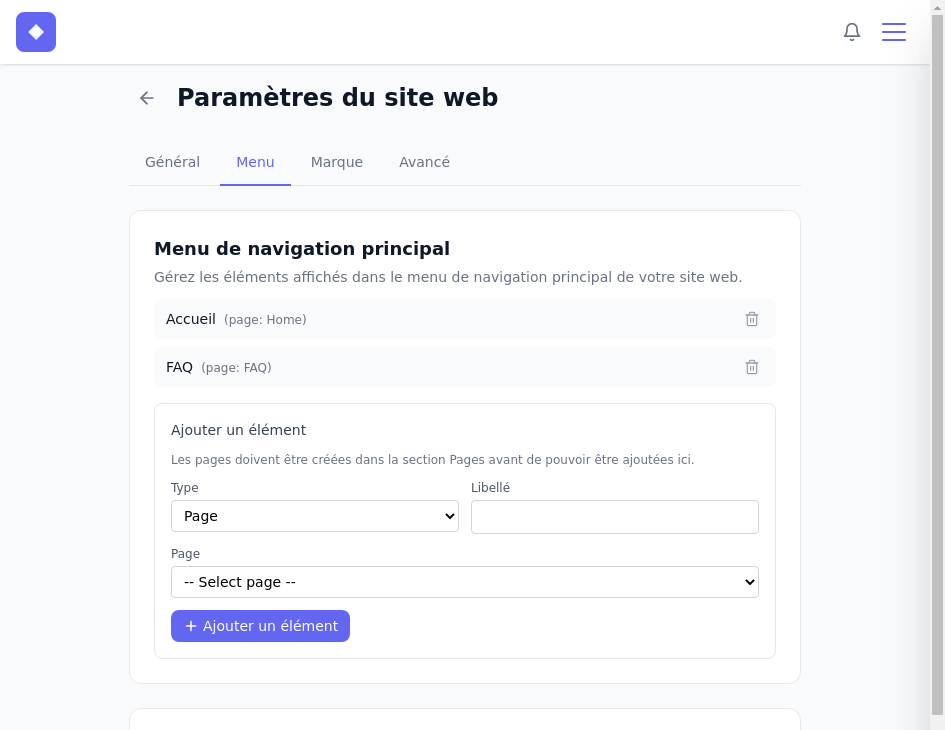 Onglet Menu &ndash; section navigation principale avec des liens ajoutés