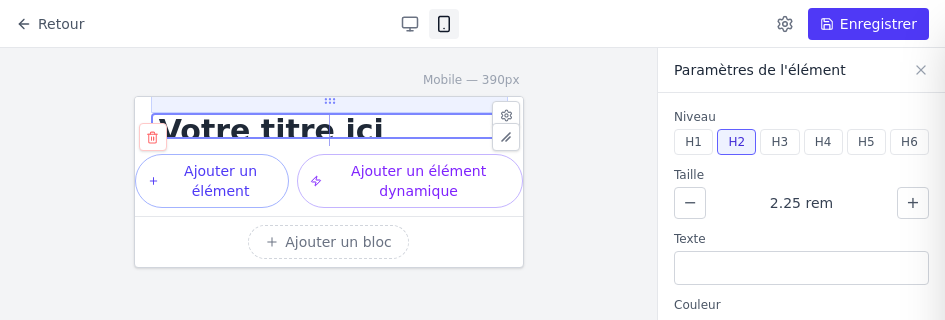 Vue mobile de l&rsquo;éditeur avec le panneau de propriétés