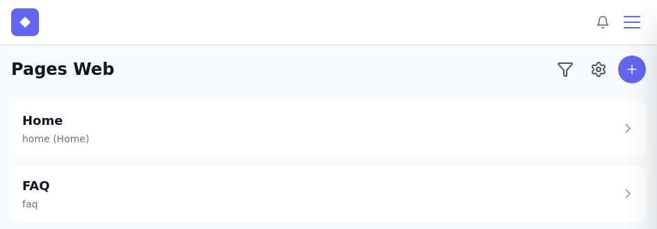 Liste des pages avec le bouton Settings mis en évidence