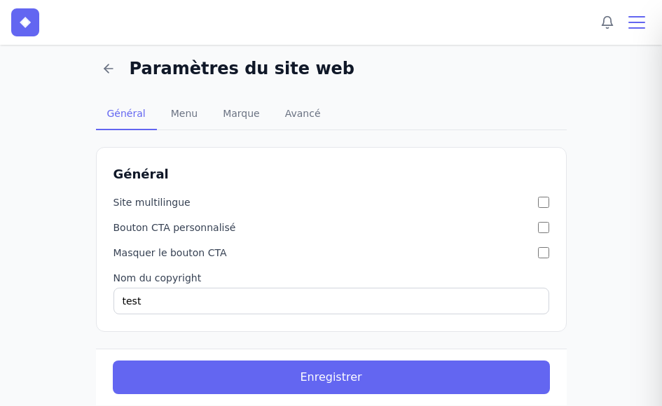 Page des paramètres du site web &ndash; onglet Général