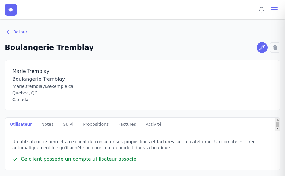 Compte utilisateur créé pour un contact