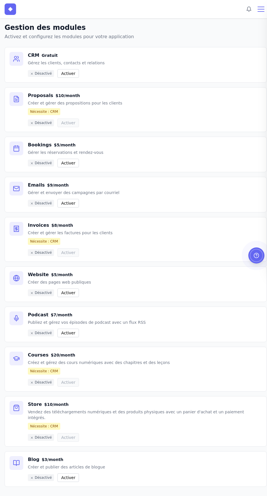 Page de gestion des modules