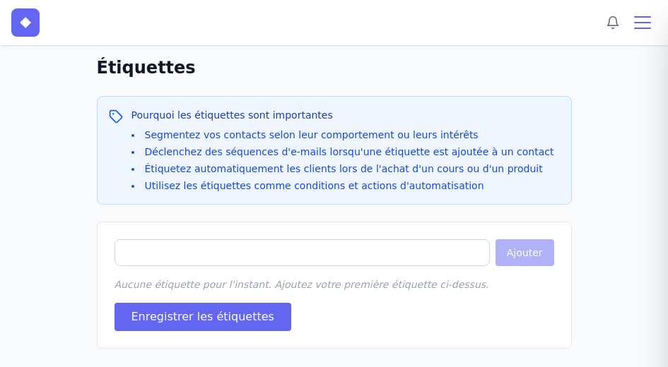Page de gestion des étiquettes vide avec explications