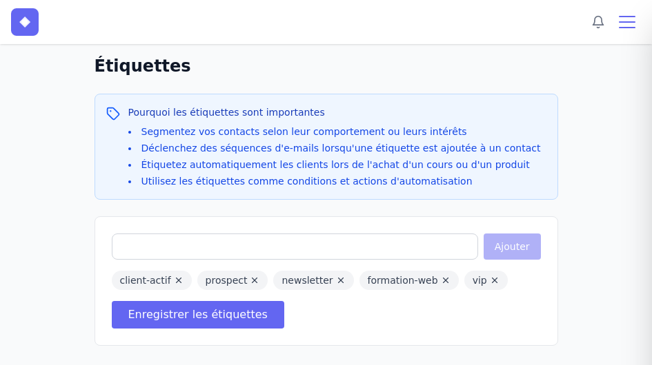 Page de gestion des étiquettes avec quelques étiquettes créées